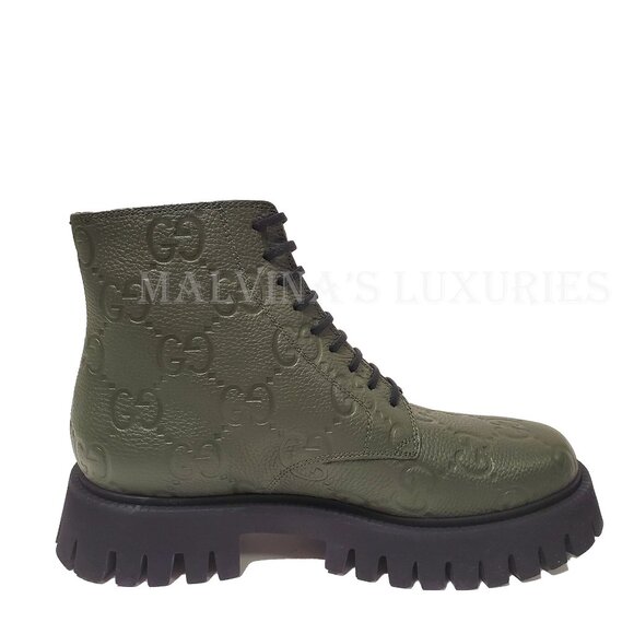GUCCI BOOTS MENS ANKLE GREEN GG LOGO LEATHER ZIPPER LACE-UP sz 10 10.5 - Picture 12 of 16
